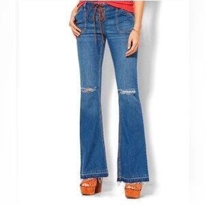 New York & Co | Flared Stretch Jeans Distressed Lace Up Fly 8